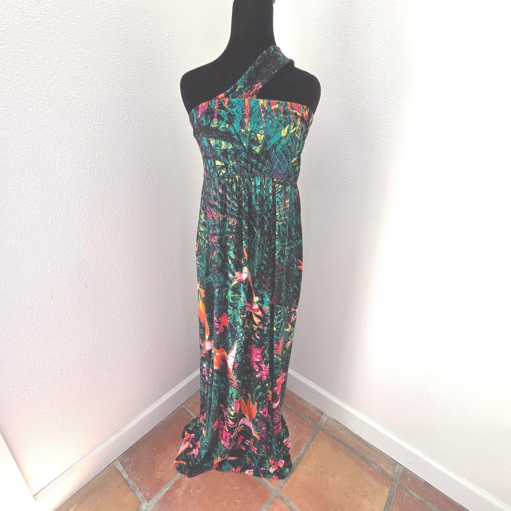 Soma Tropical One Shoulder Maxi Dress Green Multi Floral Jersey Pockets Medium